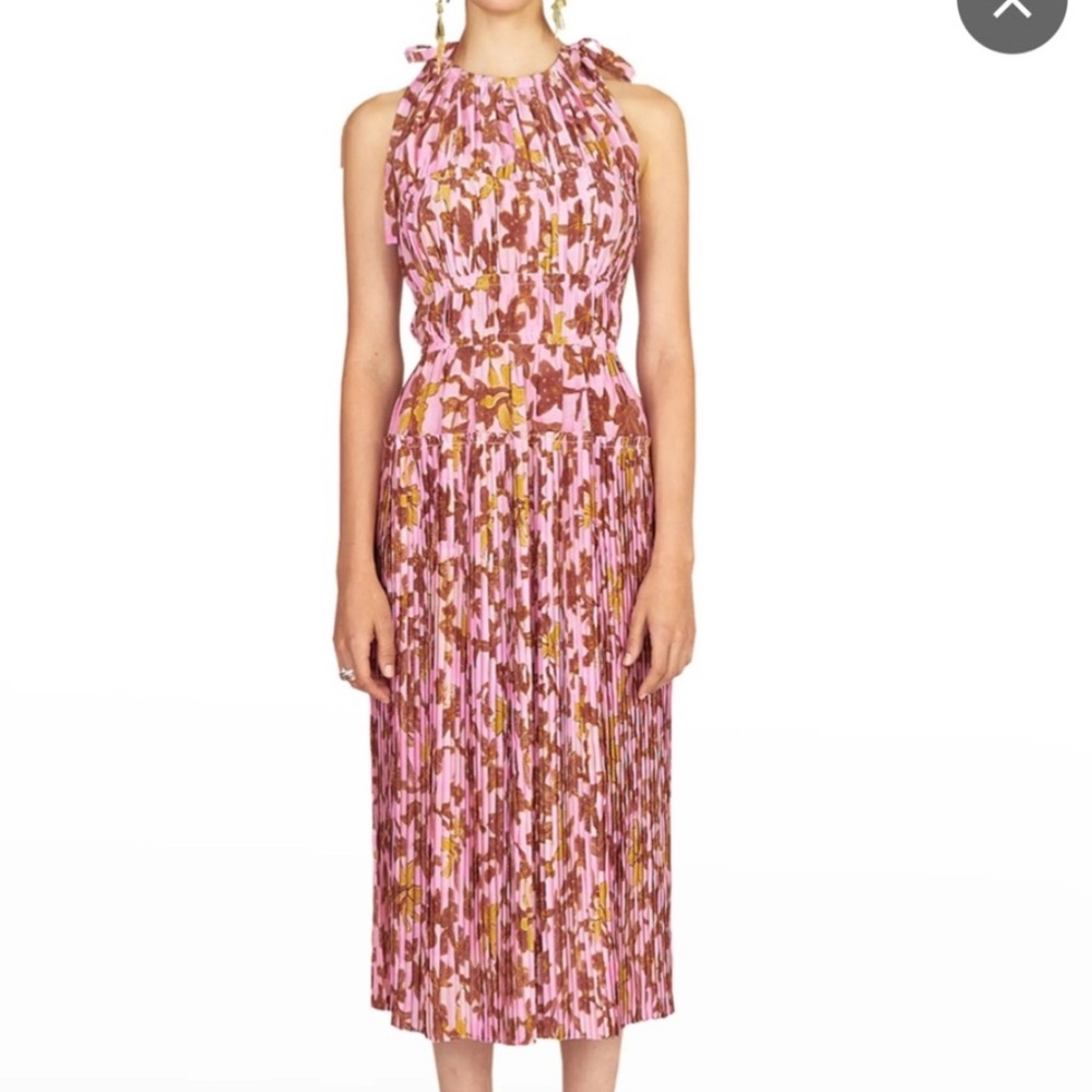 Ulla Johnson Asymmetrical Dress in Pink and Brown Floral Pattern